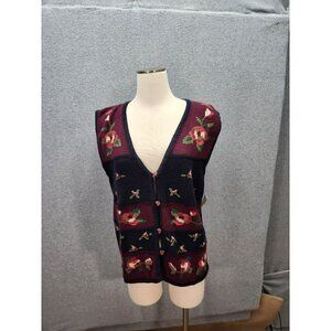 Vintage Hand-Embroidered Floral Knit Cardigan Vest